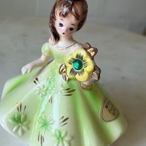 Josef Originals Girl Figurine Emerald Green Ceramic Hand Painted May Birthstone